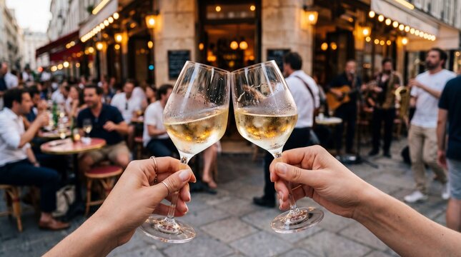 Friends clinking white wine glasses at a Parisian cafe during F&ecirc;te de la Musique