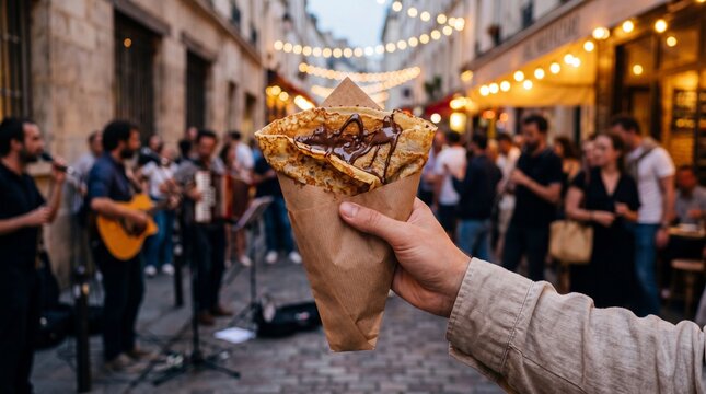 Person holding a chocolate crepe at a Paris street festival during F&ecirc;te de la Musique