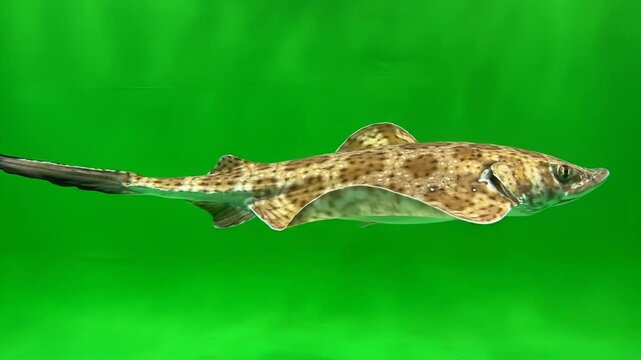 A small, brown and white patterned shark-like fish with a flattened body swims against a vibrant green background.