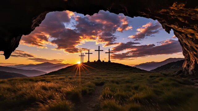 Cave view of three crosses at sunset symbolizing tranquility and the great outdoors