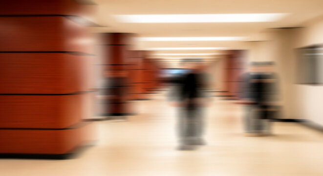 Abstract Blurred Background of Busy People Walking in a Modern Office Hallway with Motion Blur and Copy Space for Corporate and Professional Concepts