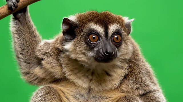 A close-up shot of a brown and beige lemur with large dark eyes, holding onto a branch against a vibrant green background.