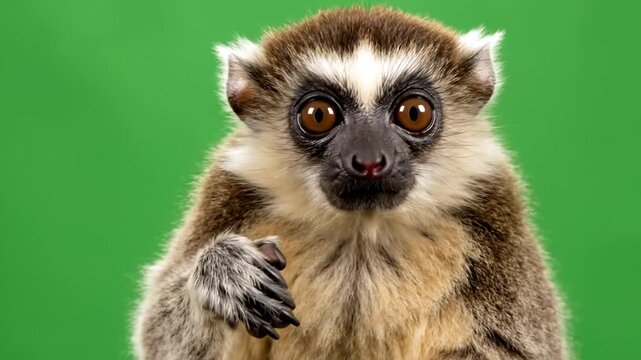 A captivating close-up portrait of a brown and white lemur with large dark eyes looking directly at the viewer against a vibrant green background.