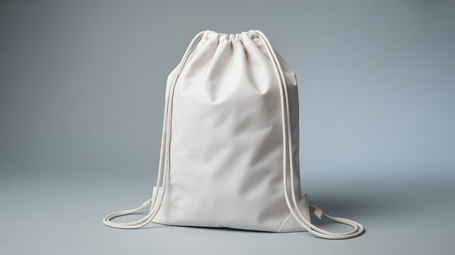 White drawstring backpack standing against a simple gray studio background.