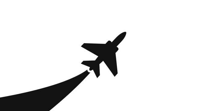 Silhouette of a jet fighter plane ascending with smoke trail against a white background