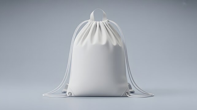 White drawstring backpack standing against a simple gray studio background.