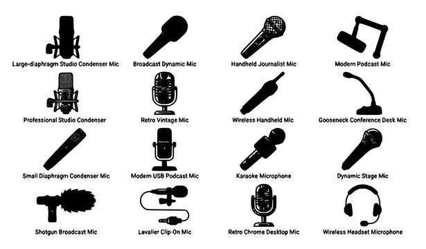 Microphone icon set with podcast karaoke journalist and studio audio microphones vector collection
