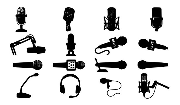 Different microphone collection vector illustration with vintage podcast karaoke and news microphones