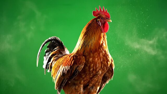 A majestic rooster with vibrant reddish-brown feathers and a bright red comb stands proudly against a vivid green background with a subtle misty effect.