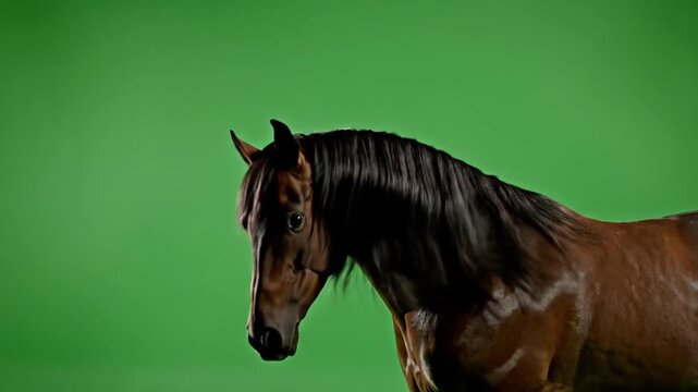 A majestic brown horse with a dark mane stands gracefully against a vibrant green screen, showcasing its elegant profile.