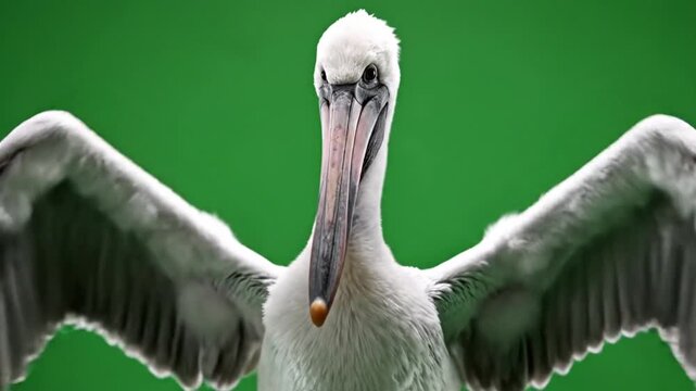 A majestic pelican with its wings spread wide, looking directly at the viewer against a vibrant green background.