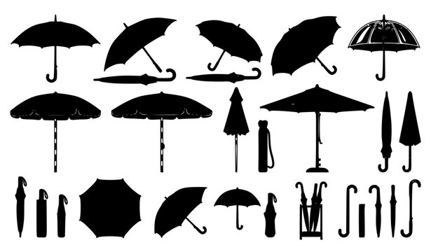 Light gray umbrella and parasol vector set with open and folded realistic pictograms