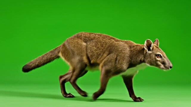 A small brown marsupial with a long tail walking on a vibrant green background.