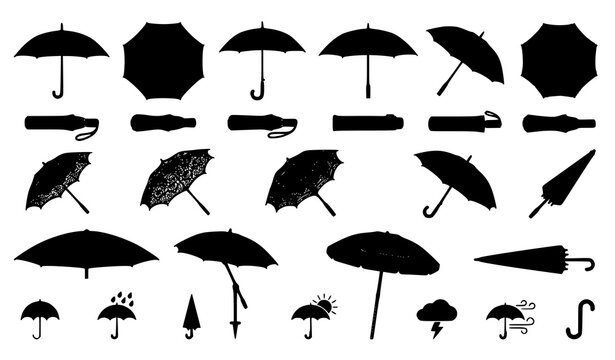 Realistic umbrella pictogram collection with folded parasol and open rain umbrella vectors