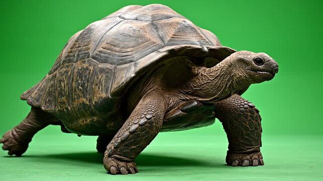 A large tortoise with a textured shell walking on a vibrant green background.