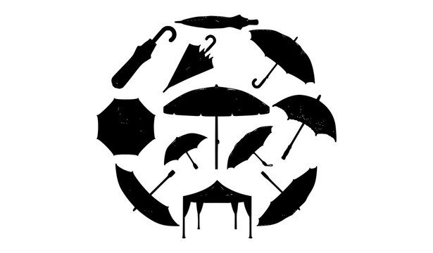 Open and folded umbrella vector illustration with realistic parasol pictogram collection