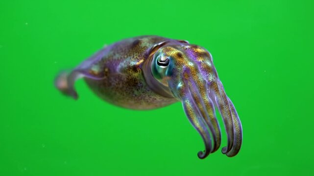 A vibrant cuttlefish with iridescent patterns swimming gracefully in clear green ocean water.