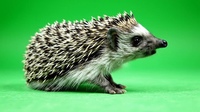 A small, spiky hedgehog with a pointed snout and dark eyes sits on a vibrant green background, looking to the right.