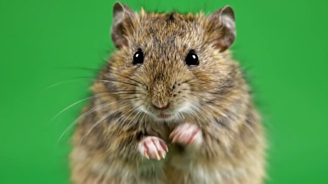 Close-up portrait of a small brown furry mouse or vole with dark eyes and prominent ears, standing on its hind legs against a vibrant green background.