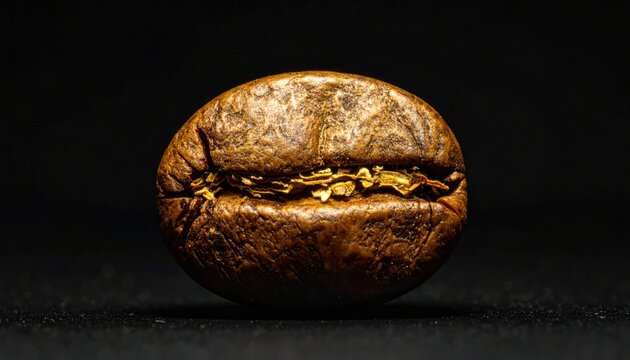 Macro photography of a single roasted coffee bean showing detailed surface texture, center fissure with internal chaff, and microscopic pores isolated on a solid black background.