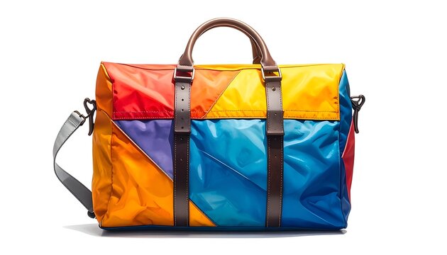 Colorful travel bag with leather straps.