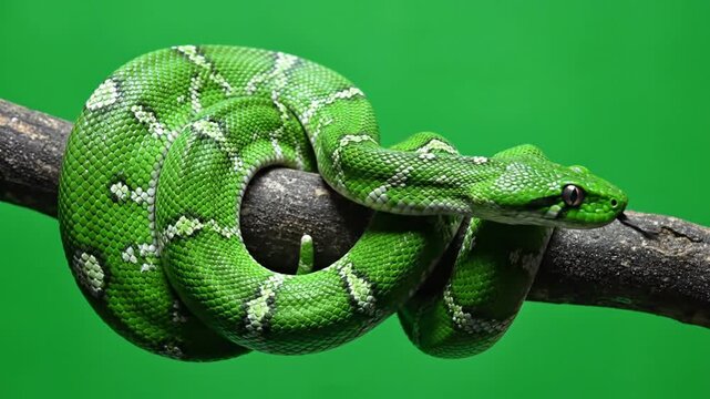 A vibrant green snake with white markings coiled around a dark tree branch against a solid green background.