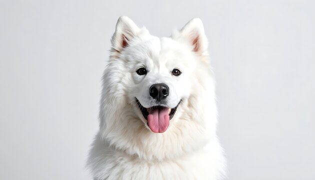 Happy white dog smiling face closeup.