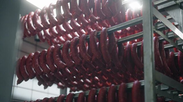 Smoked sausages hanging on racks in industrial meat processing facility