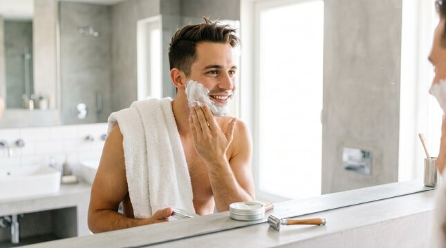 Happy young man applying shaving cream on his face while looking in the bathroom mirror during morning routine