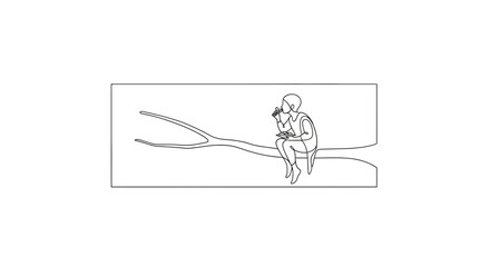 Fototapeta premium Child Sitting on Tree Branch Holding Flower, Minimalist Line Art Illustration