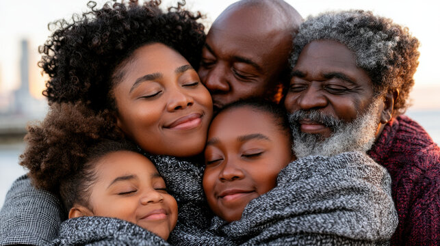 Happy African American family hugging outdoors, showing love and warmth with closed eyes and gentle smiles in cozy sweaters
