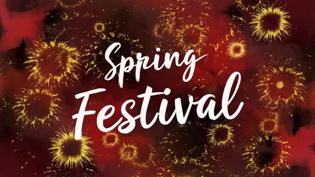 Animated spring festival celebration with fireworks and festive text