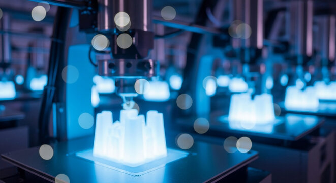 Futuristic Automated 3D Printing Production Line with Glowing Parts and Bokeh Background for High-Tech Manufacturing and Industrial Innovation Concepts
