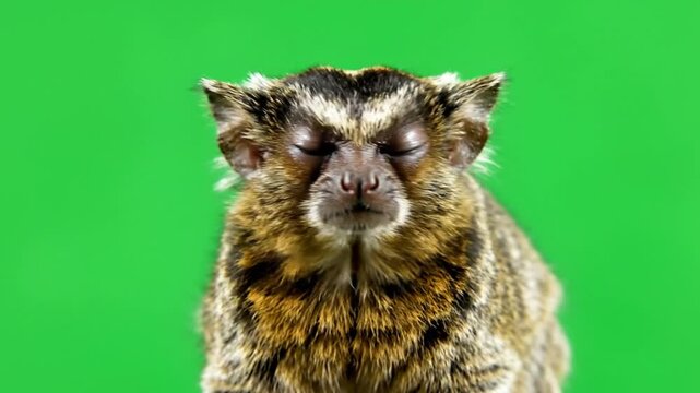 A small monkey with closed eyes and patterned fur against a vibrant green screen background.