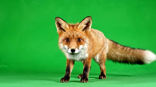 A beautiful red fox with a bushy tail stands alertly on a vibrant green background, looking directly at the camera.
