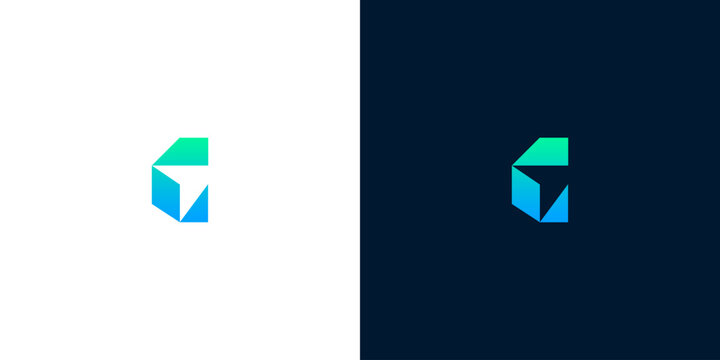 Geometric abstract logo design with blue and green gradients on white and dark backgrounds, symbolizing innovation and technology