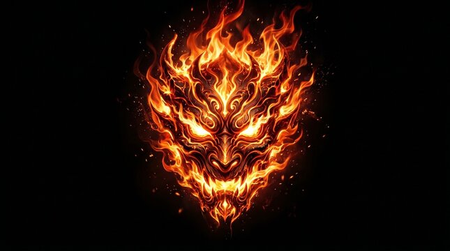 Fiery Demon Face With Glowing Eyes On A Black Background
