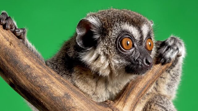 Close-up portrait of a cute lemur with large amber eyes perched on a tree branch against a vibrant green background.