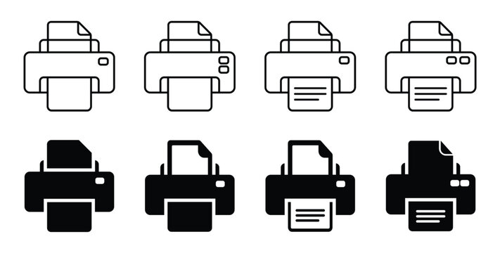 Collection of printer icon set and solid outline style. realistic printing machine symbols for document, paper, and office device. glyph styles for web and app.  vector illustration.
