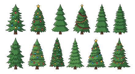 Fototapeta premium Set of Hand Drawn Christmas Tree Illustrations with Festive Ornaments and Lights