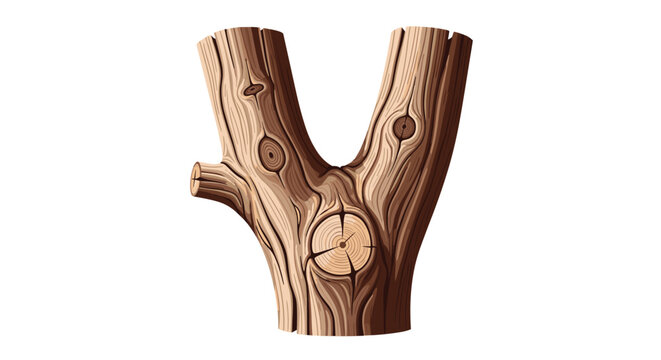 Thick wooden tree branch with a distinctive Y-shaped split and visible growth rings on the cut ends in a rustic hand-drawn style.