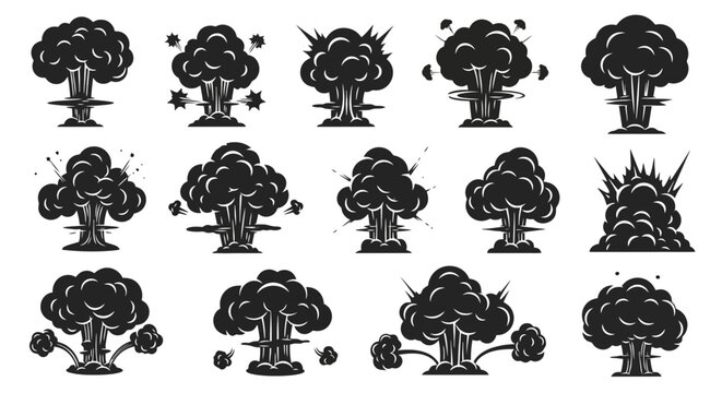 Set of Mushroom Cloud Explosion Icons, Black Silhouette Nuclear Blast and Bomb Blast Symbols for War and Destruction