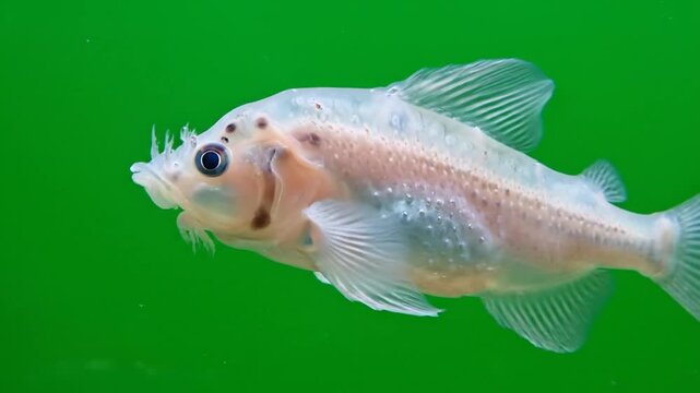 A translucent fish with barbels and dark spots swimming in green water.