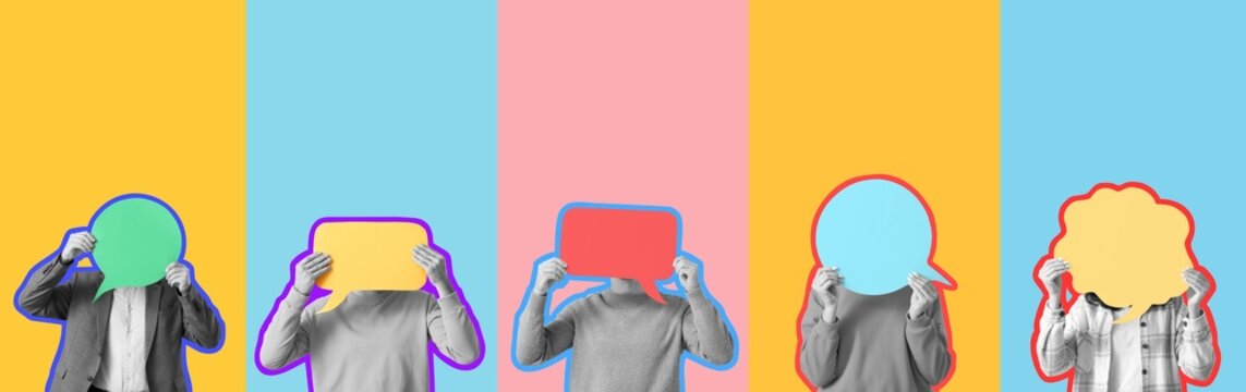 Set of people hiding faces behind blank speech bubbles on color background