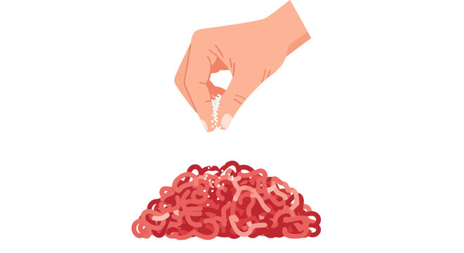 Vector Illustration of a Hand Sprinkling Salt or Seasoning onto a Pile of Fresh Ground Meat Isolated on White Background