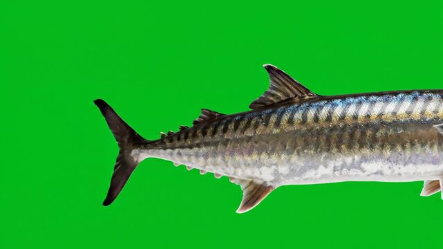 Close-up view of a mackerel fish's body and tail against a vibrant green screen background.