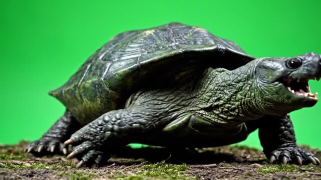 A large, dark-shelled turtle-like creature with its mouth open, standing on dirt against a vibrant green background.