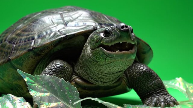 A close-up shot of a smiling dark-shelled turtle with its mouth slightly open, set against a vibrant green background.