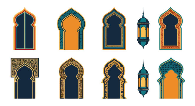 Set of Decorative Islamic Arches and Lanterns with Traditional Arabesque Ornaments for Ramadan and Eid Mubarak