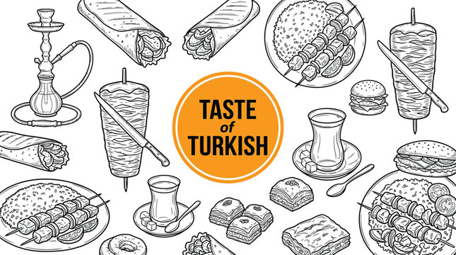 Traditional Turkish Food Hand Drawn Sketch Illustration with Doner Kebab Shawarma Baklava and Tea for Authentic Restaurant Menu Branding